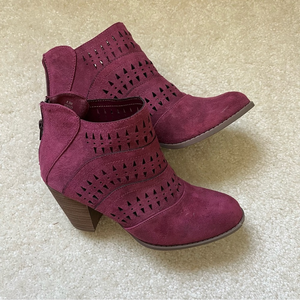 Maddie Cutout Heeled Laser Cut Bootie from Diba, Color Burgundy, Size 8.5